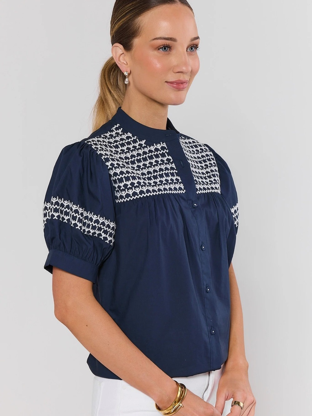 Avara Trudy Navy and White Embroidered Top | XL